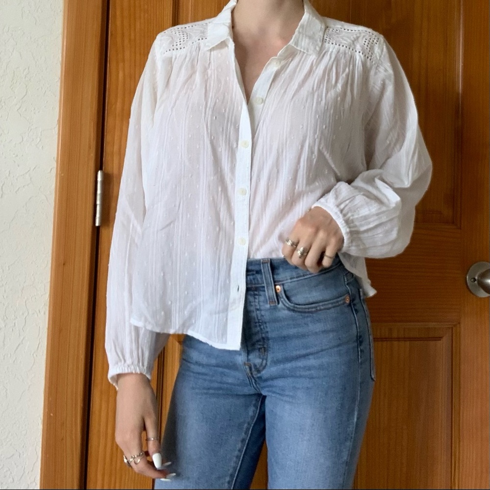 White Balloon Sleeve Button Up Shirt